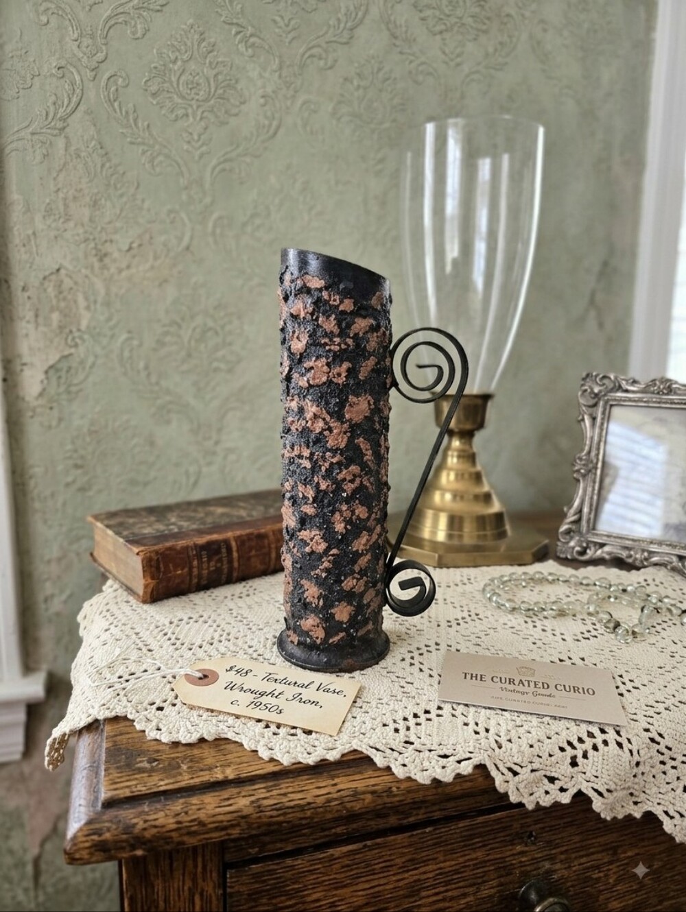 Vintage Brutalist Black & Copper Textured Metal Vase with Scroll Handle